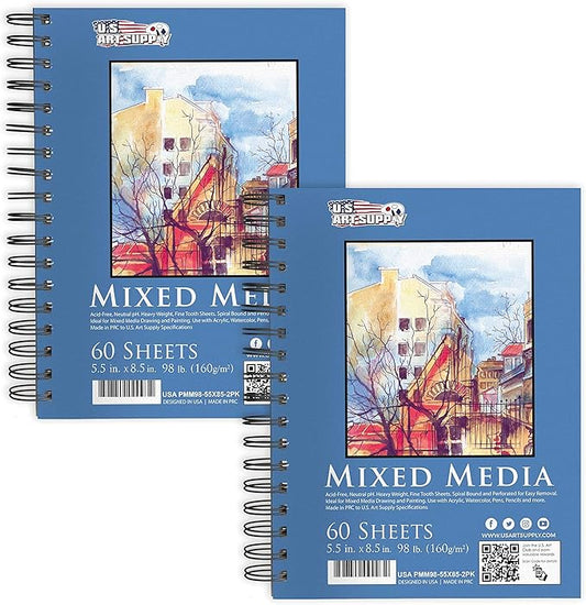 U.S. Art Supply 5.5"x8.5" Mixed Media Sketchbook, 2 Pack, 98 lb by USArtSupply