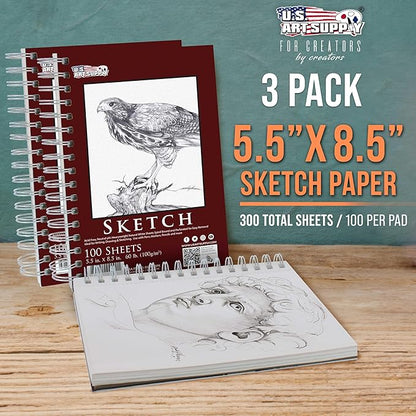 U.S. Art Supply 5.5"x8.5" Sketch Book Pad, 3 Pack, 60lb Spiral Bound - Image 2
