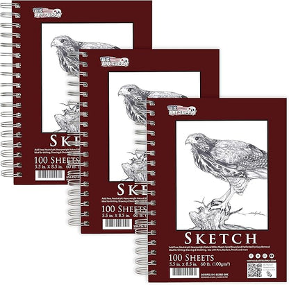 U.S. Art Supply 5.5"x8.5" Sketch Book Pad, 3 Pack, 60lb Spiral Bound by USArtSupply