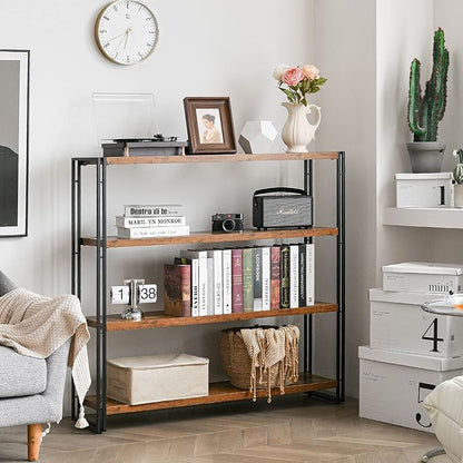 HCHQHS Bookshelf, 4-Tier Industrial Bookcase, Rustic Wood and Metal Open - Image 2