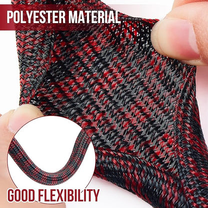 QCSIW Split Cable Sleeve, 1/2 Inch 10ft Black Red Braided Wire Loom - Image 2