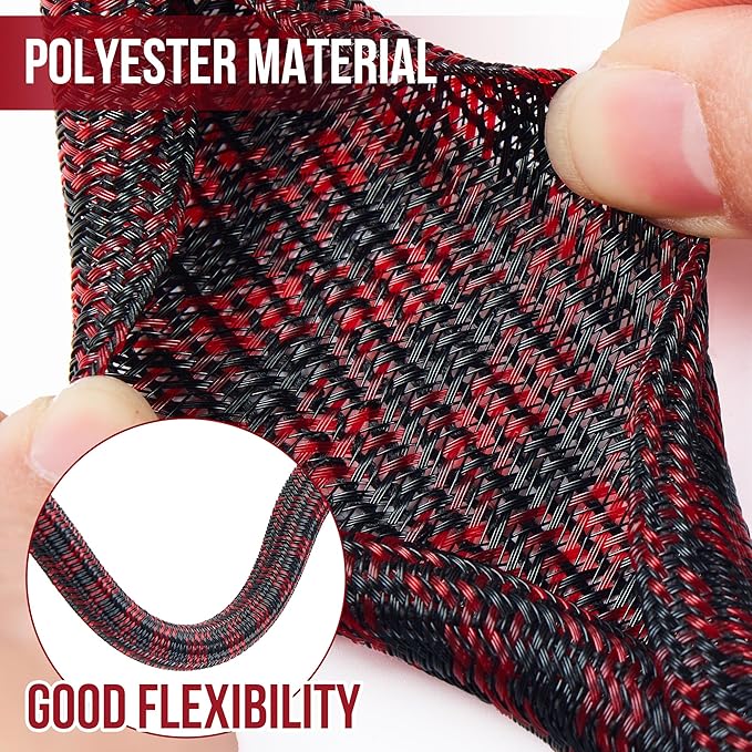 QCSIW Split Cable Sleeve, 1/2 Inch 100ft Black Red Braided Wire Loom - Image 2