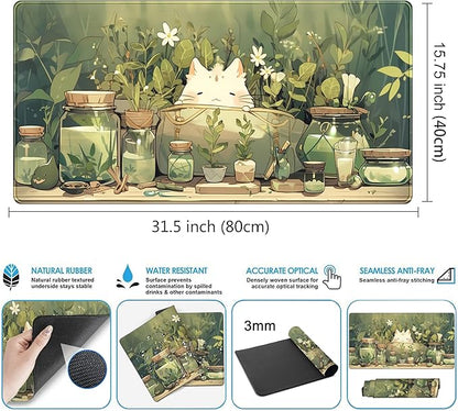 Cute Desk Mat Green Plant Cat Kawaii Sage Mouse Pad Gaming XXL Large Mousepad - Image 3