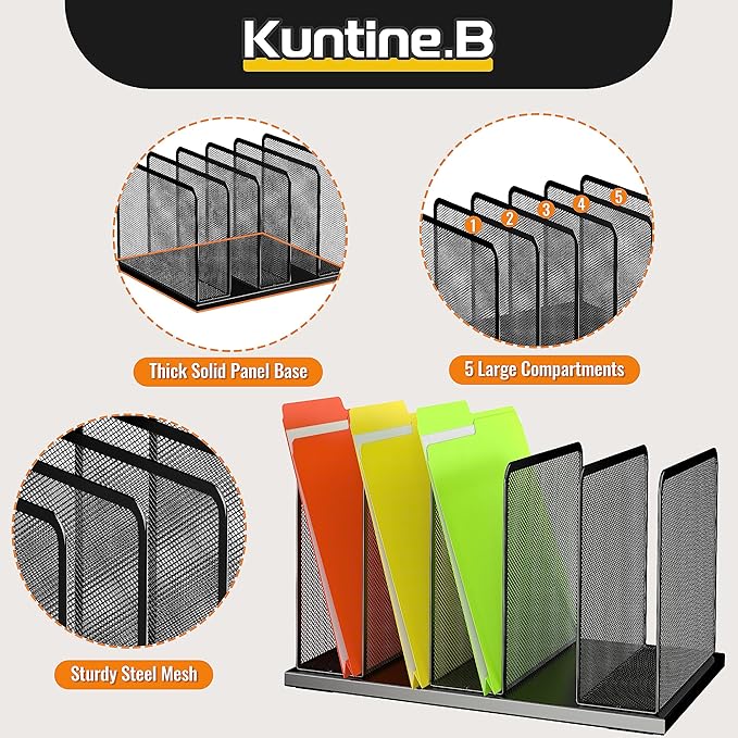 Kuntine.B Desk File Organizer 5 Upright Mesh Desktop Organizer File Sorter - Image 9