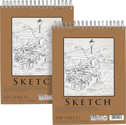 U.S. Art Supply 9"x12" Top Spiral Bound Sketch Book, 2 Pack, 100 Sheets Each by USArtSupply