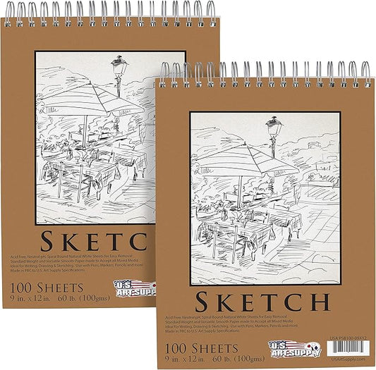 U.S. Art Supply 9"x12" Top Spiral Bound Sketch Book, 2 Pack, 100 Sheets Each by USArtSupply